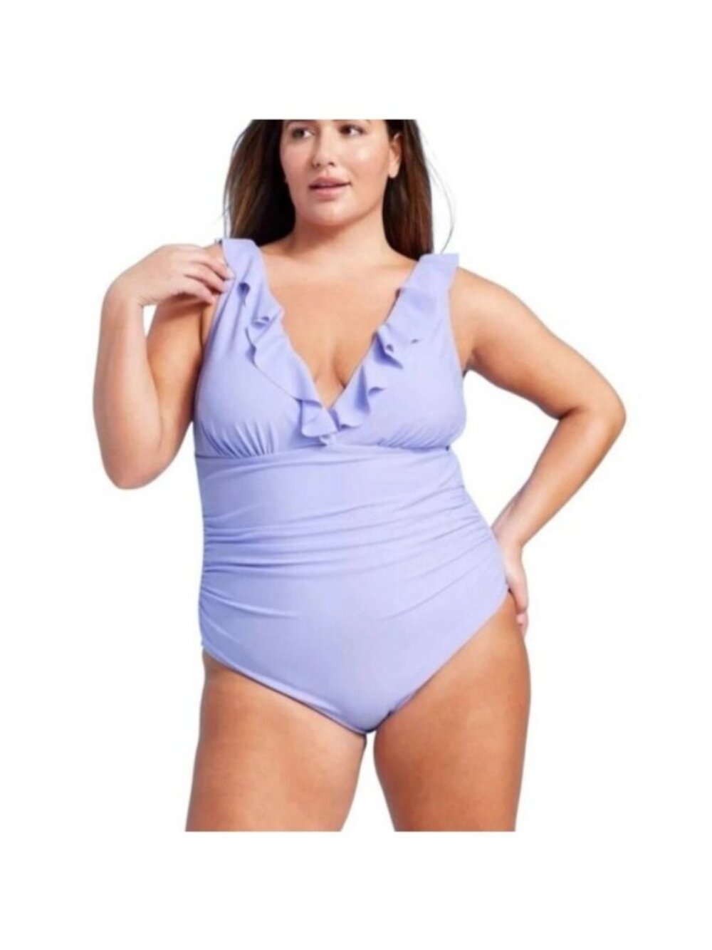 Women's Ruffle Plunge One Piece Swimsuit Shade & Shore Lavender Purple Size 16